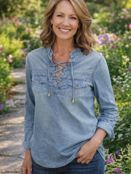 Sweet n kool Tops - Lace-Up Light Denim Tunic Top